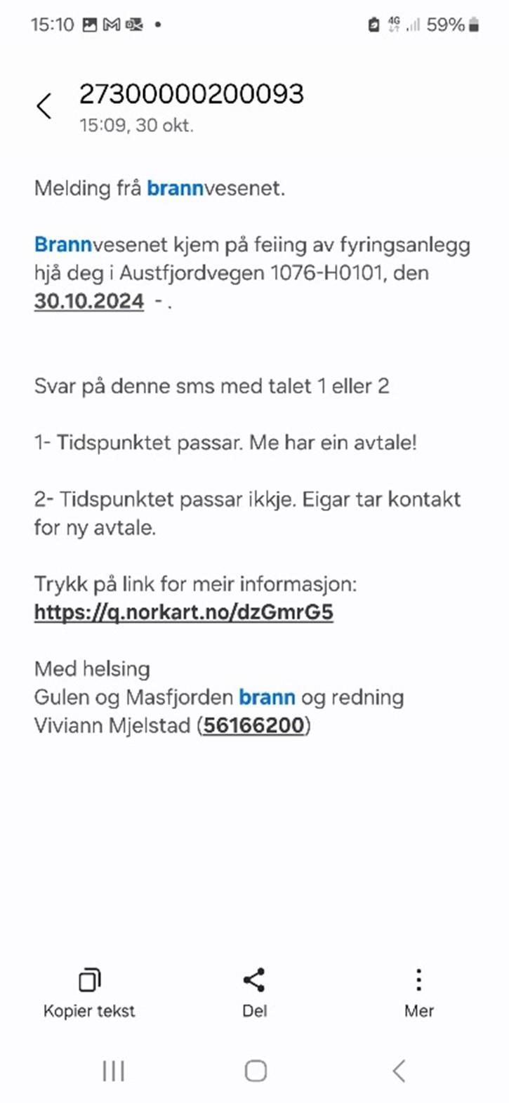 Bildet viser sms sendt frå brannvesenet - Klikk for stort bilete
